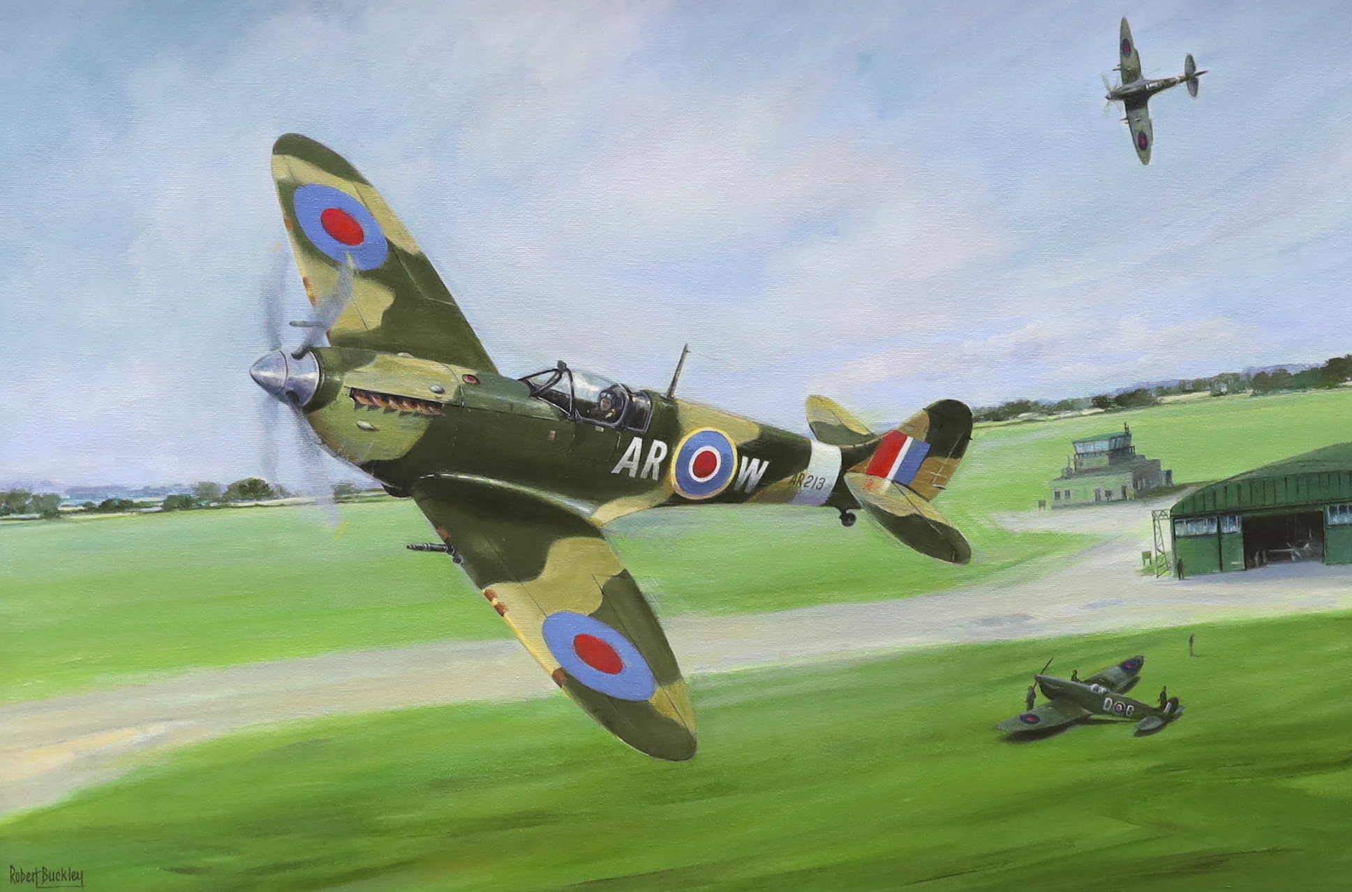 Robert Buckley, oil on canvas, Airfield with spitfires in flight, signed, 49 x 74cm